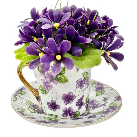 Vtg Inarco E-563 Porcelain Violet Floral Cup Saucer Figurine Flowers Gold Accent - Picture 9 of 10